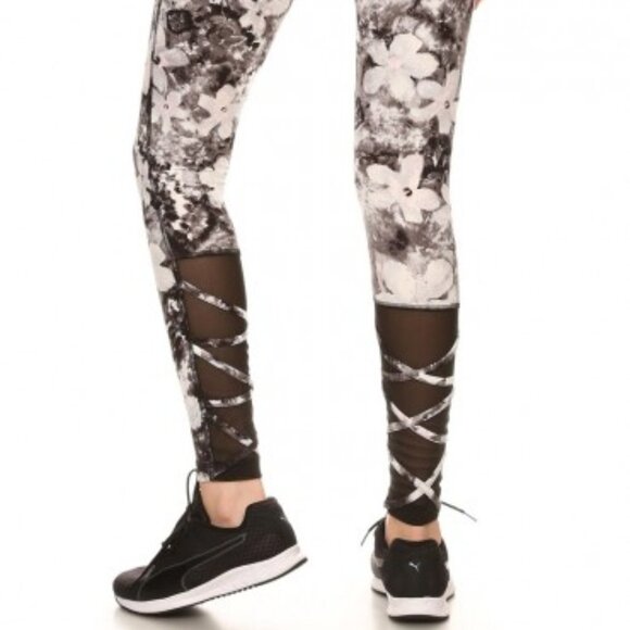 BLACK/GREY/PINK FLORAL MID-RISE LEGGING W/ STRAPPY MESH PANELS #7L18-02 - Picture 8 of 13